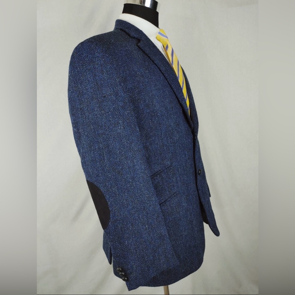 Harris Tweed Men's 46 R Navy Sport Coat Elbow Patches Jacket Herringbone Wool